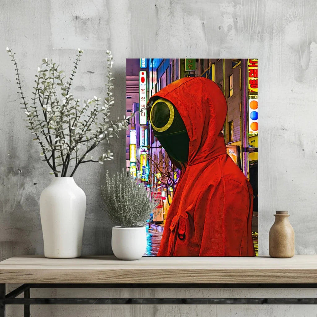 Neon Cityscape Insigne Aluminum Print with Red Hooded Figure | Glass Wall Art Print | vintageantiquesgifts.com