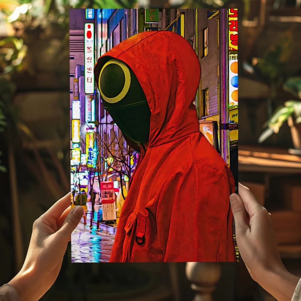 Red hooded figure with black mask on Neon Cityscape Insigne Aluminum Print