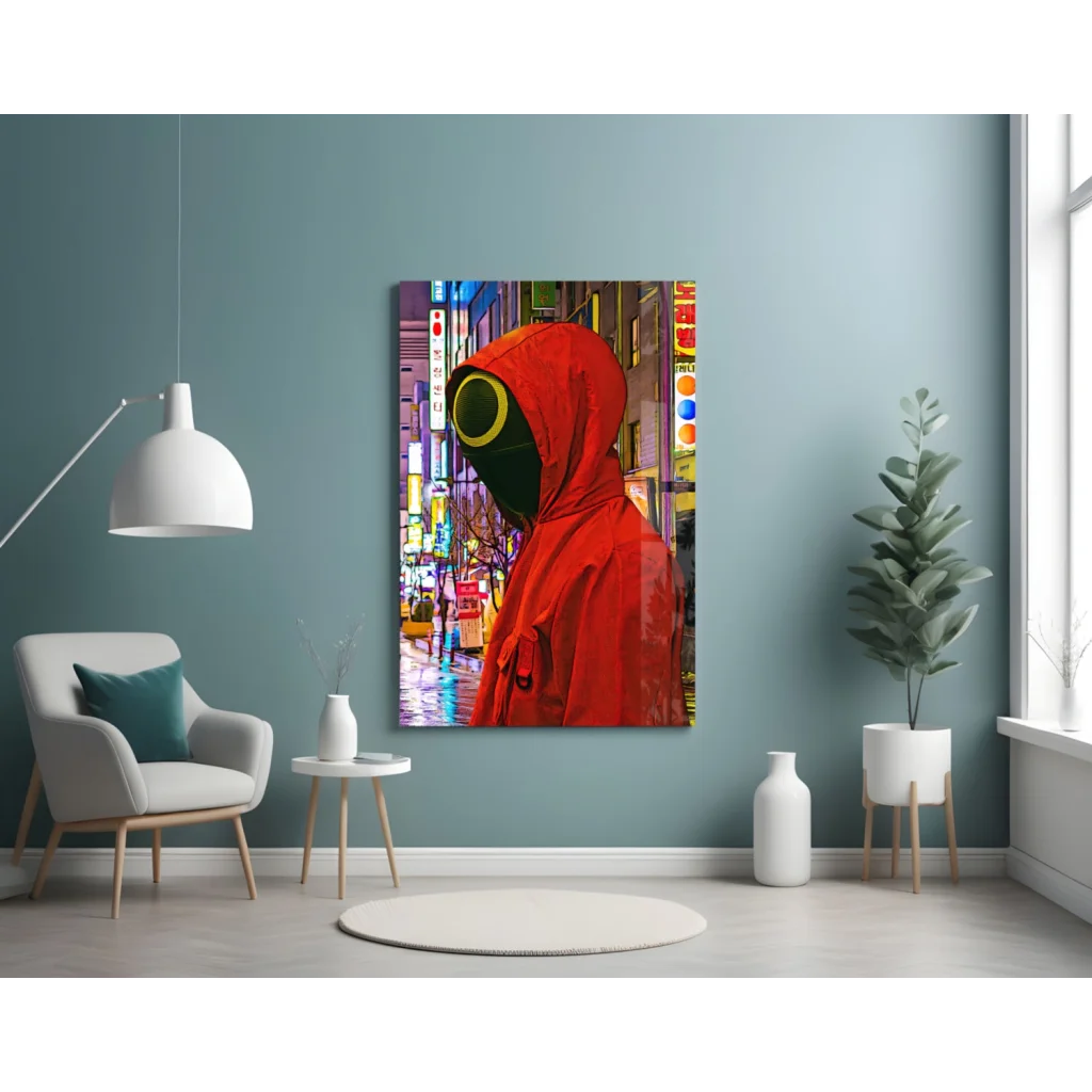 Vibrant red hooded figure in neon city glass wall art canvas print