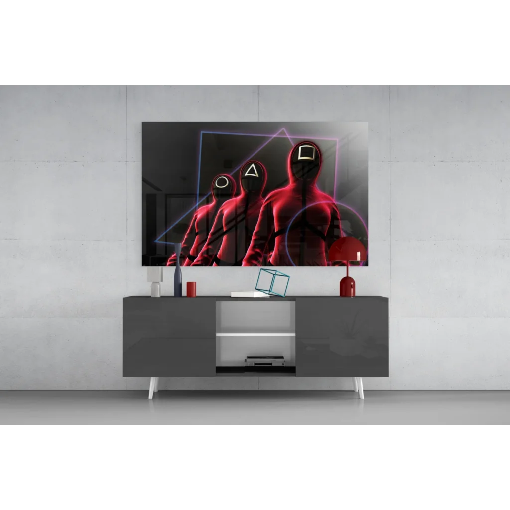 Neon triangle glass wall art with Squid Game hooded figures