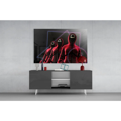 Neon triangle glass wall art with Squid Game hooded figures