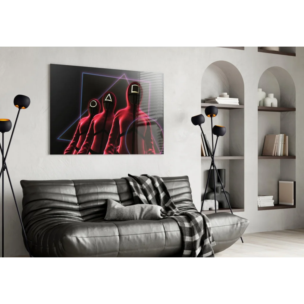 Neon triangle glass wall art with Squid Game hooded figures