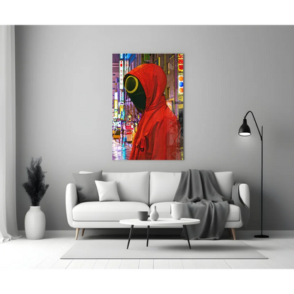 Vibrant red hooded figure on neon cityscape glass wall art canvas print