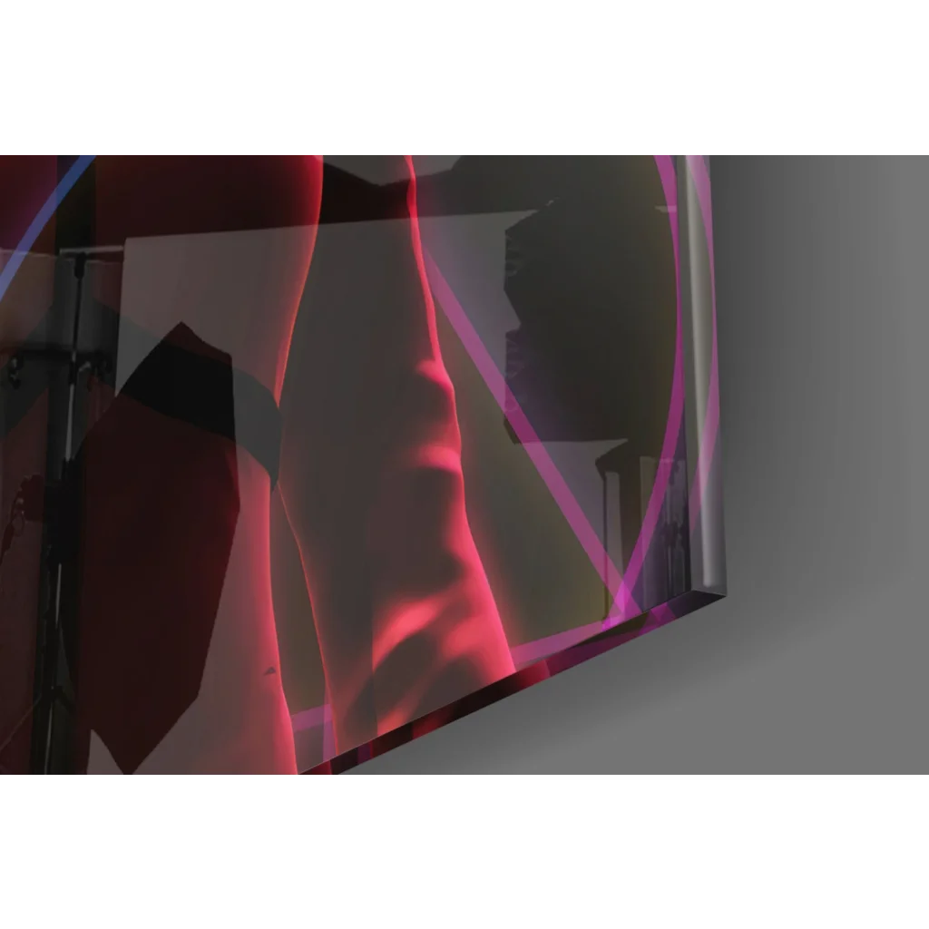 Sleek neon triangle glass wall art with red pink hooded figures display