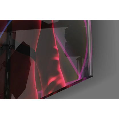 Sleek neon triangle glass wall art with red pink hooded figures display