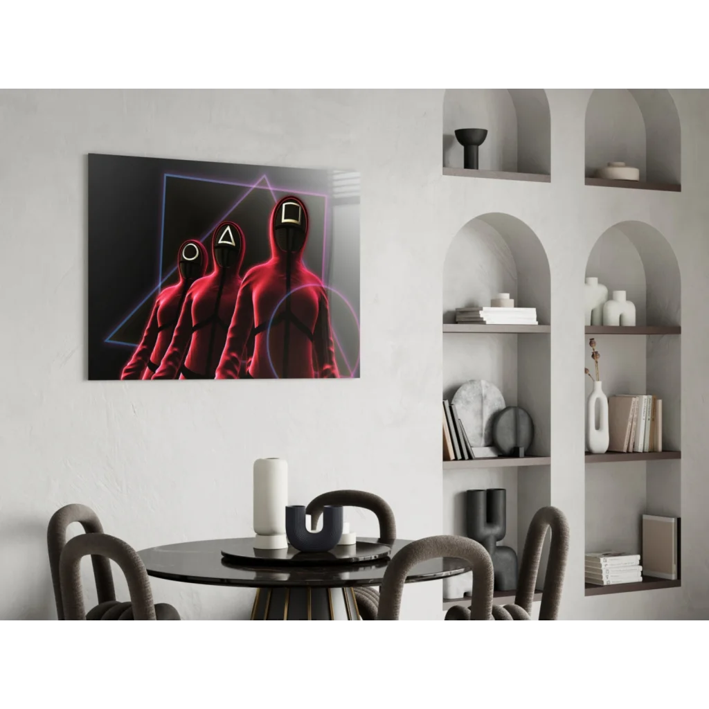Neon triangle glass wall art with Squid Game hooded figures