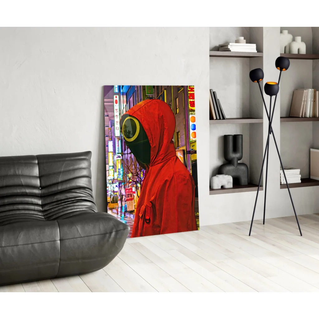 Vibrant red hooded figure in green yellow gas mask neon city glass wall art