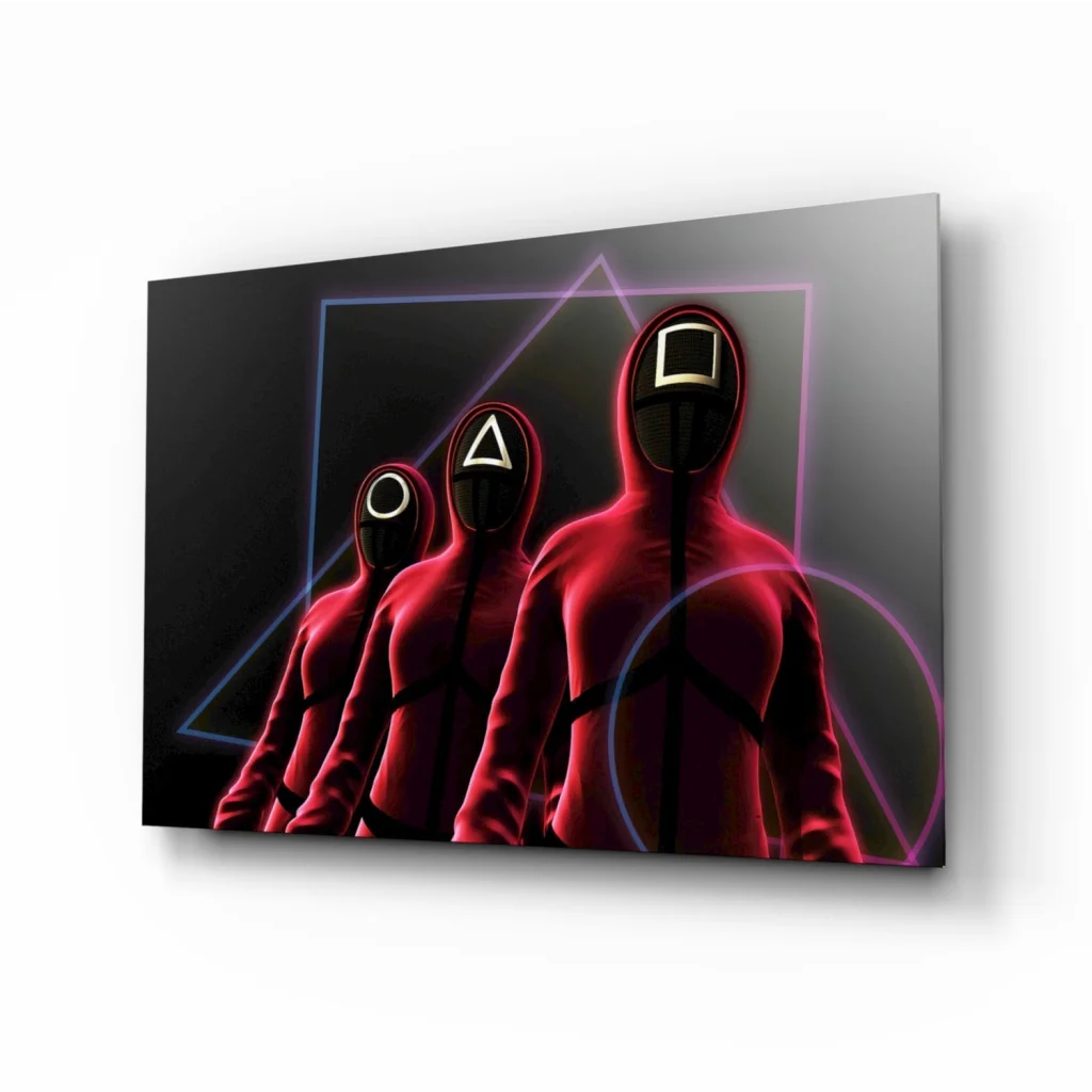 Neon triangle glass wall art with red hooded figures in geometric masks
