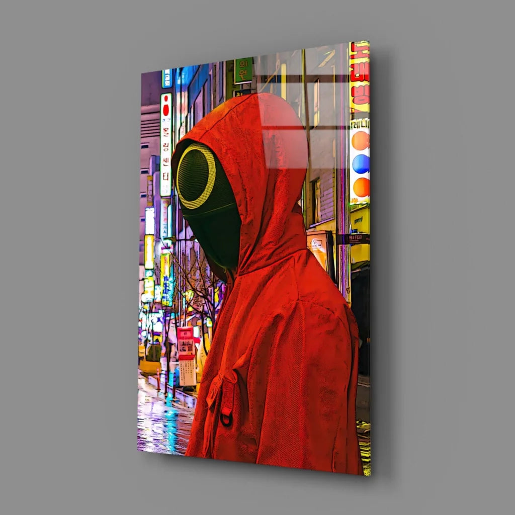 Vibrant red hooded cloak with black circular mask on Neon City Red Hood glass wall art canvas print
