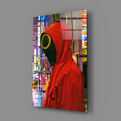 Vibrant red hooded cloak with black circular mask on Neon City Red Hood glass wall art canvas print