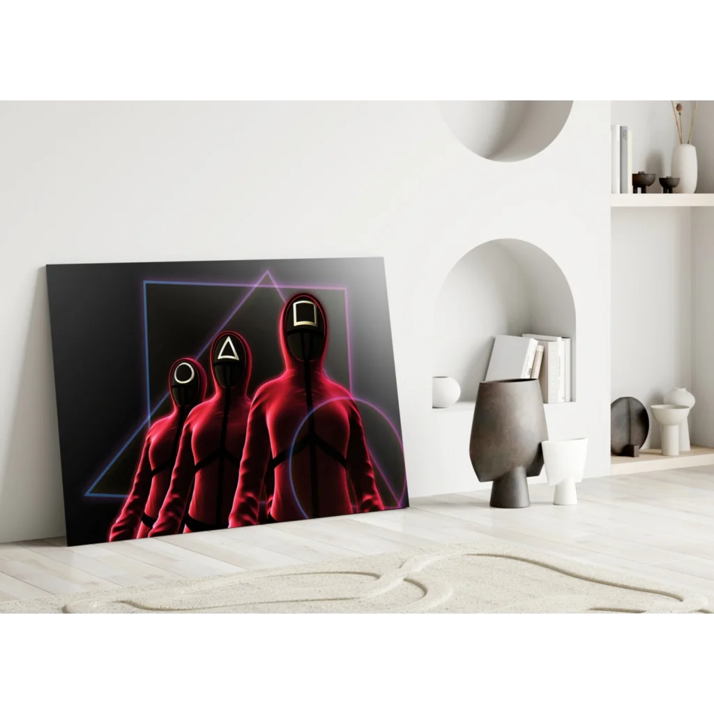 Red hooded figures in neon triangle glass wall art