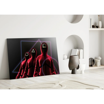 Red hooded figures in neon triangle glass wall art