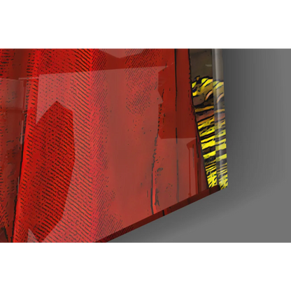 Vibrant red abstract glass wall art canvas print with bold black lines and yellow-black stripes