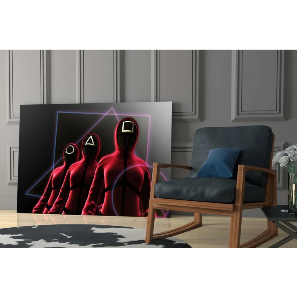 Neon triangle glass wall art with Squid Game hooded figures