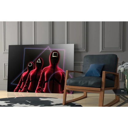 Neon triangle glass wall art with Squid Game hooded figures
