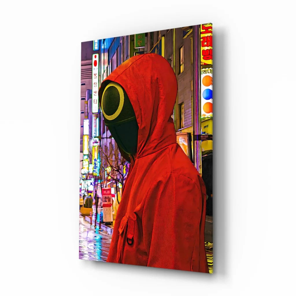 Neon City Red Hood glass wall art canvas print with vibrant red coat and black mask