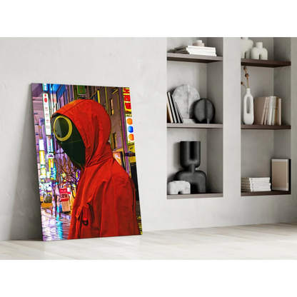 Vibrant red hooded figure in black yellow mask on neon city glass wall art canvas