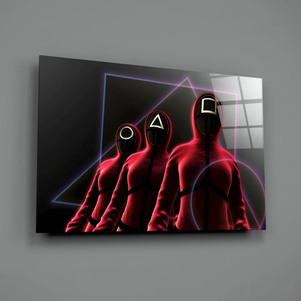 Red hooded figures with neon triangle glass wall art masks on glossy canvas