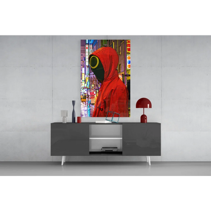 Vibrant red hooded figure in neon city glass wall art canvas print