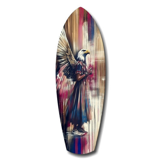 Surfboard with illustrated woman wearing eagle head and flowing dress against vertical streaked background in magenta, navy, and tan tones.