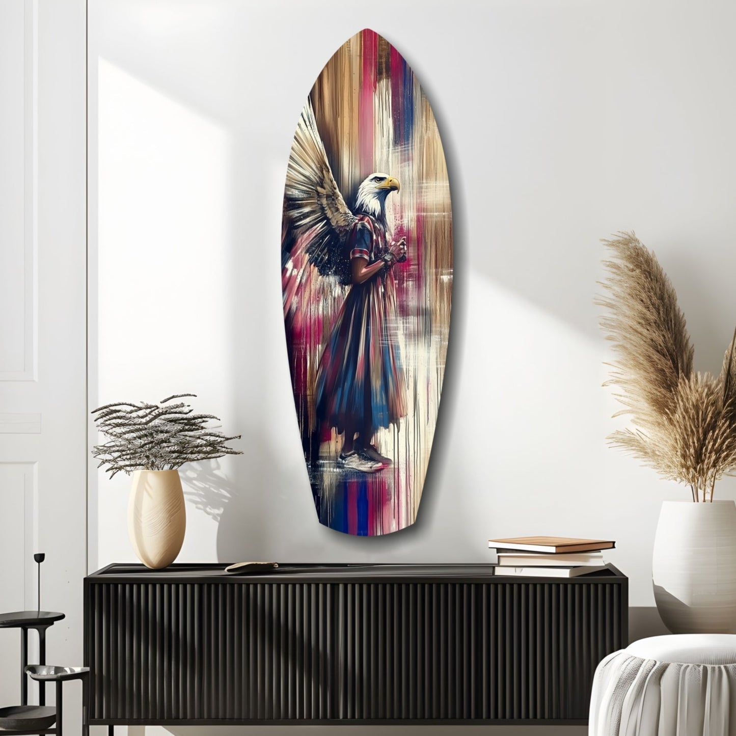 Surfboard Magenta Drip Paint American Eagle Glass Wall Art