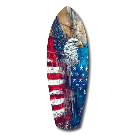 Surfboard-shaped wooden wall art featuring a bald eagle head with American flag stripes and stars in red, white, and blue.