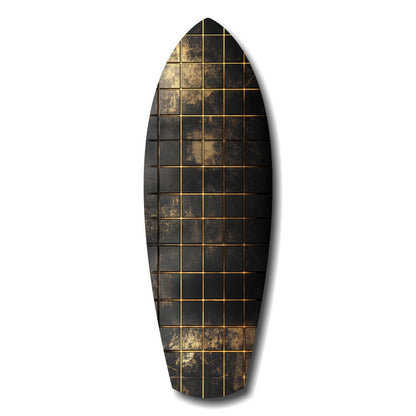 Gold Grid Tiles Black Surfboard Glass Wall Art