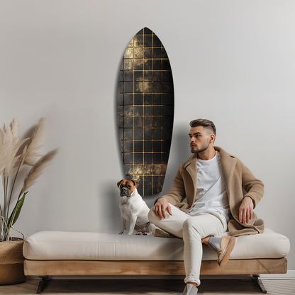 Gold Grid Tiles Black Surfboard Glass Wall Art