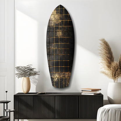 Gold Grid Tiles Black Surfboard Glass Wall Art