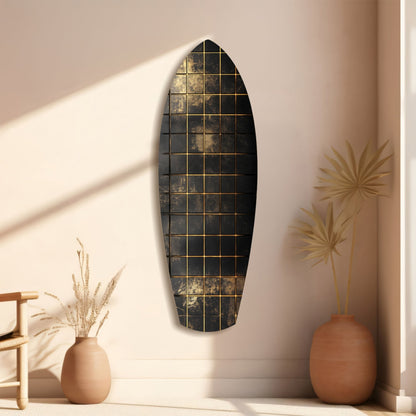 Gold Grid Tiles Black Surfboard Glass Wall Art
