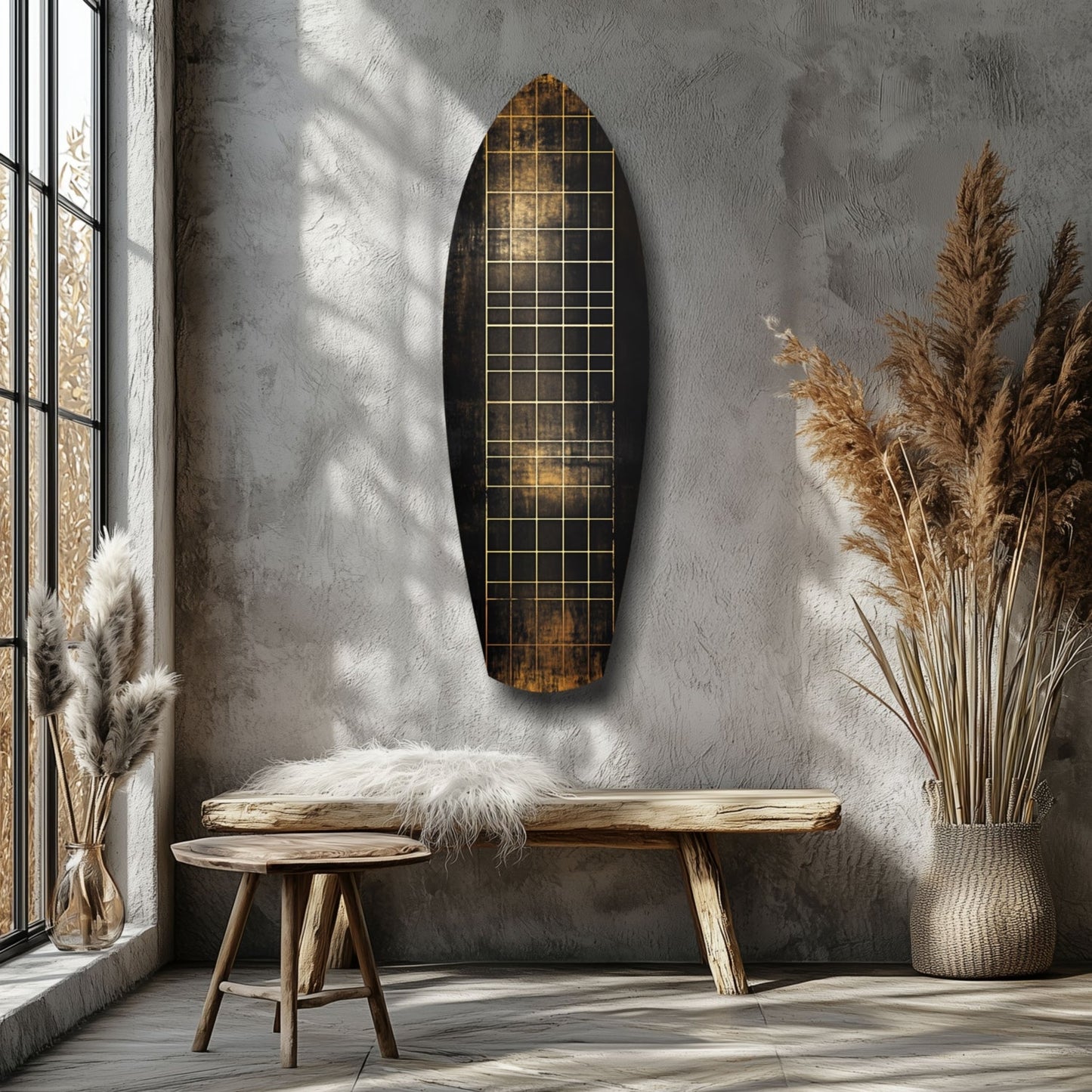 Yellow Line Grid Weathered Surfboard Glass Wall Art