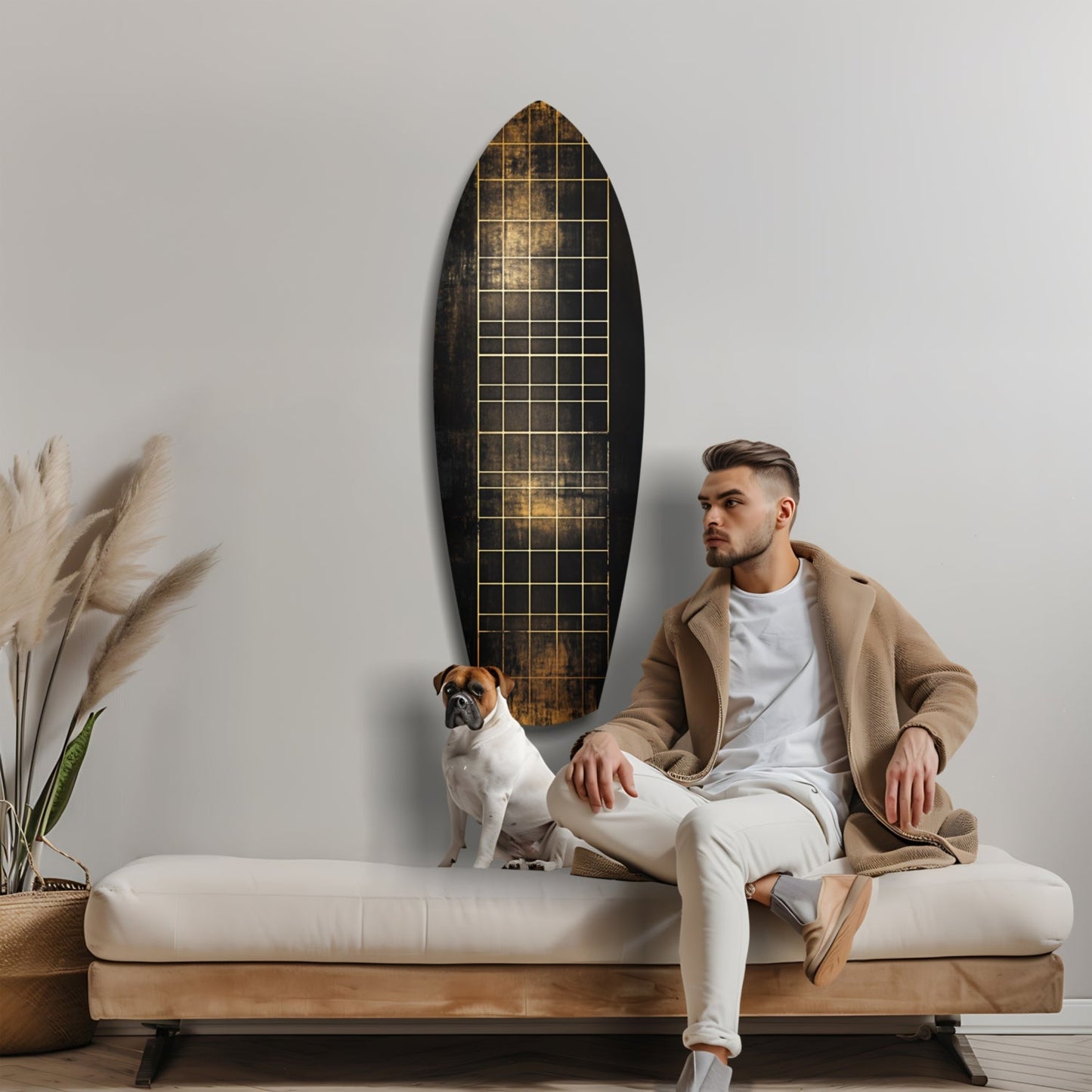 Yellow Line Grid Weathered Surfboard Glass Wall Art