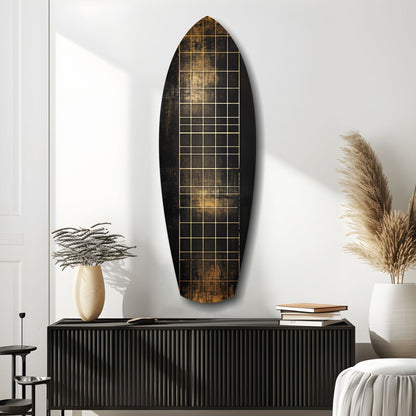 Yellow Line Grid Weathered Surfboard Glass Wall Art