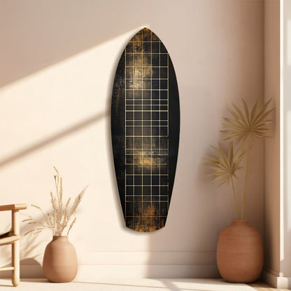 Yellow Line Grid Weathered Surfboard Glass Wall Art
