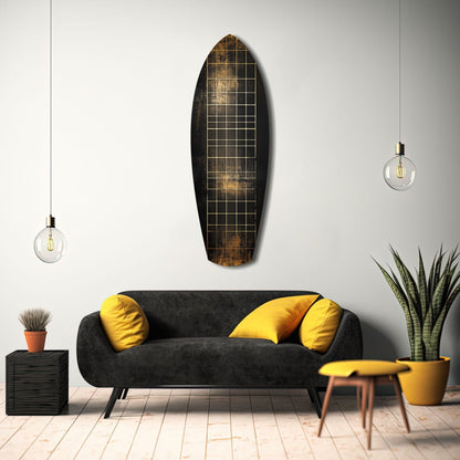 Yellow Line Grid Weathered Surfboard Glass Wall Art