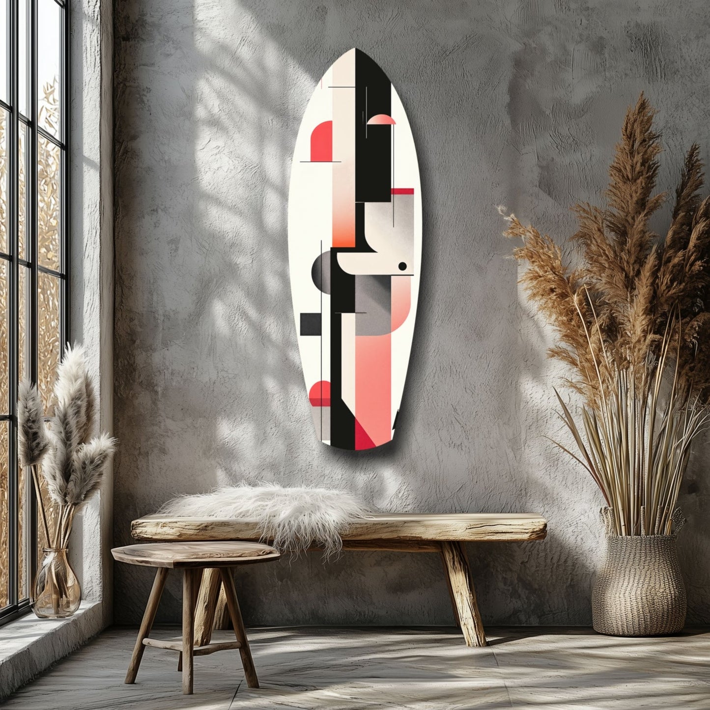 Modern Wave Harmony glass wall art with red, black, and white geometric shapes displayed above wooden bench in minimalist interior with dried grasses.