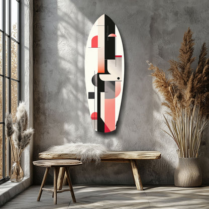 Modern Wave Harmony glass wall art with red, black, and white geometric shapes displayed above wooden bench in minimalist interior with dried grasses.