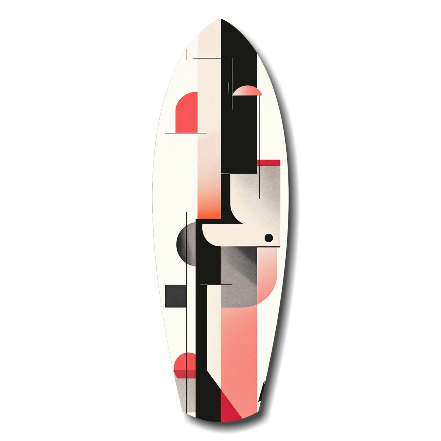 Surfboard with abstract geometric design in cream, black, red, and gray tones featuring angular shapes and curved elements.