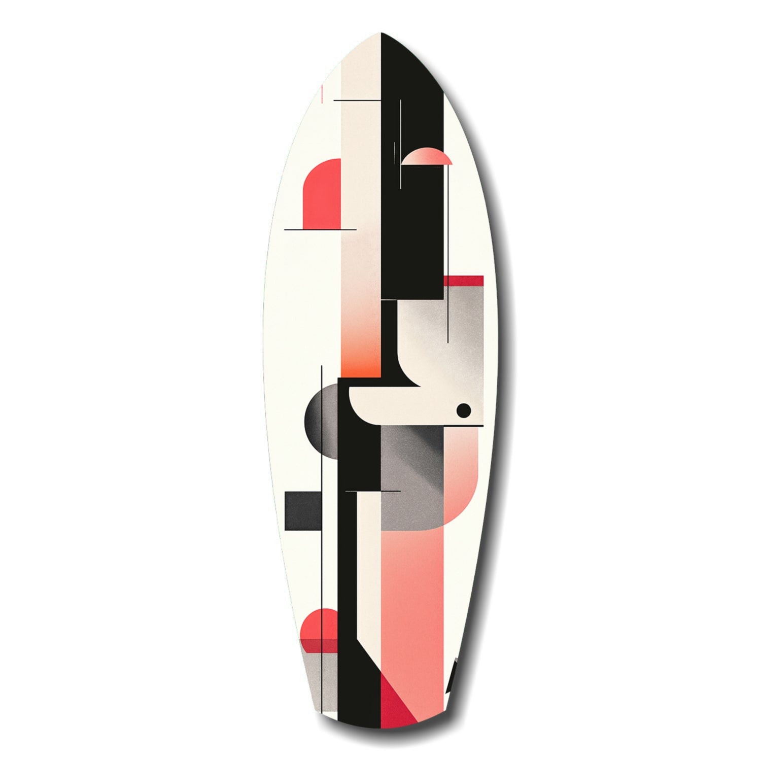Surfboard with abstract geometric design in cream, black, red, and gray tones featuring angular shapes and curved elements.