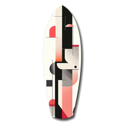 Surfboard with abstract geometric design in cream, black, red, and gray tones featuring angular shapes and curved elements.