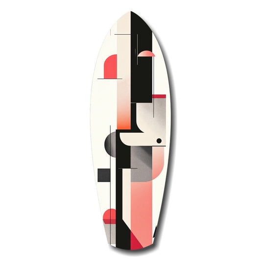 Surfboard with abstract geometric design in cream, black, red, and gray tones featuring angular shapes and curved elements.