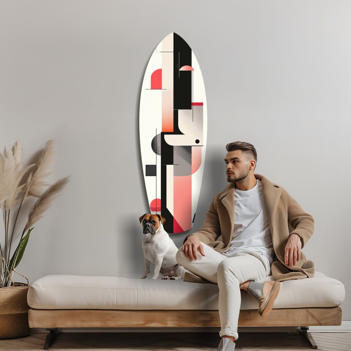 Man and dog sitting on bench beside oval glass wall art featuring geometric shapes in black, white, red, and pink tones.