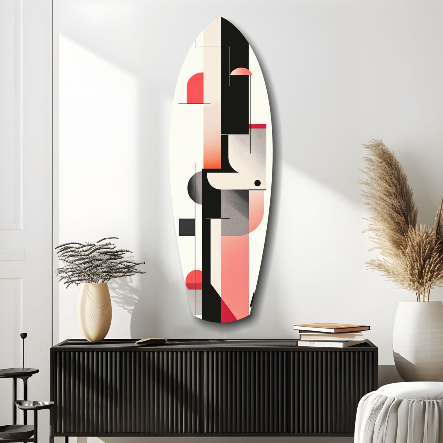 Modern wave harmony glass wall art with geometric black, red, and cream shapes displayed above a black ribbed console table in a styled interior setting.