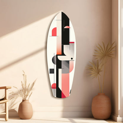 Modern Wave Harmony glass wall art displayed on beige wall between terracotta vases, featuring geometric shapes in black, white, coral, and gray.