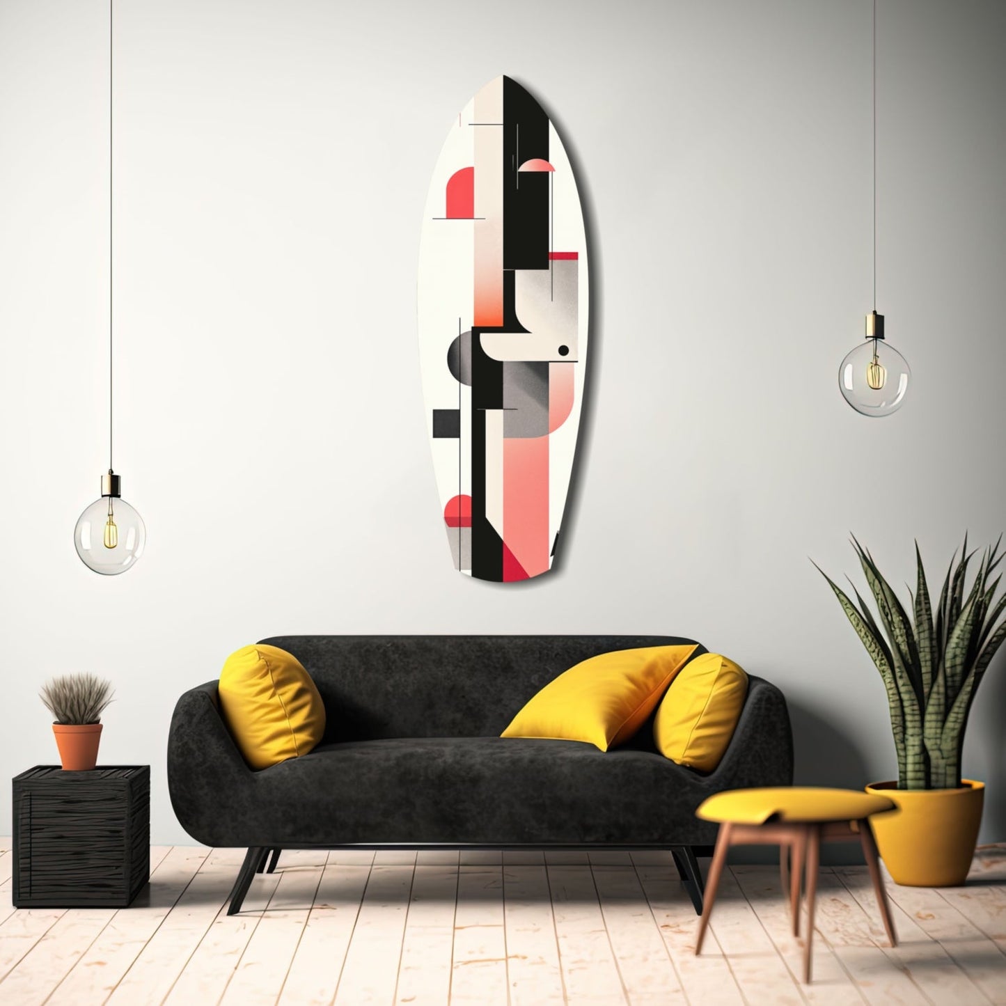 Modern Wave Harmony glass wall art with red, black, and cream geometric shapes displayed above a black sofa with yellow pillows in a styled living room.