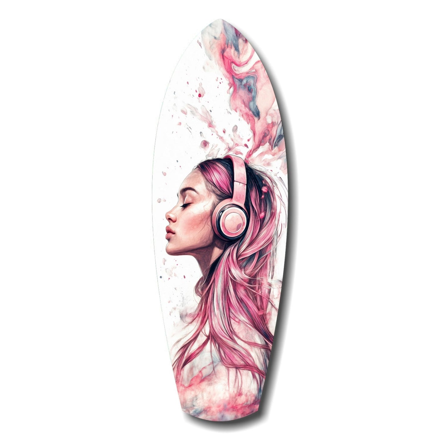 Elongated oval glass wall art featuring a profile portrait of a woman with pink hair wearing headphones, surrounded by watercolor pink and blue splashes.