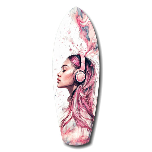 Elongated oval glass wall art featuring a profile portrait of a woman with pink hair wearing headphones, surrounded by watercolor pink and blue splashes.