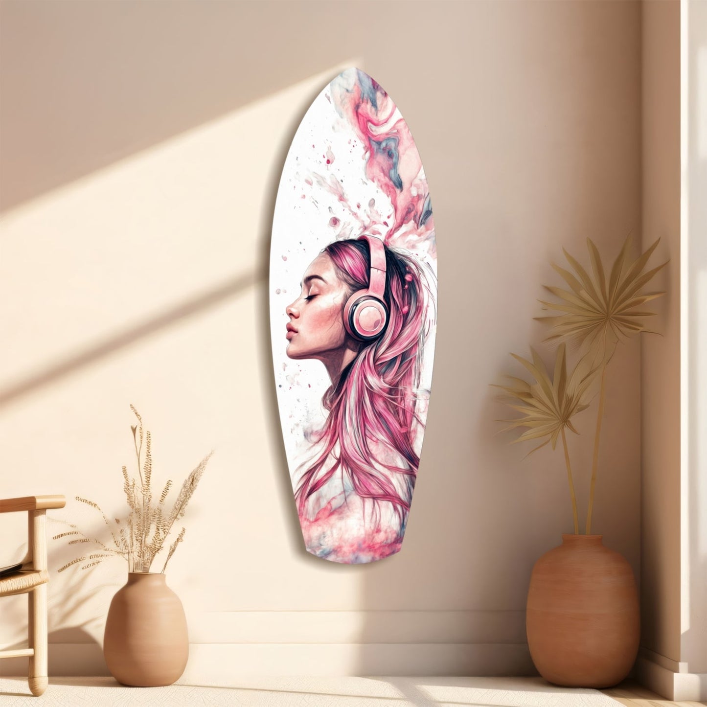 Oval glass wall art featuring a woman with pink and purple hair wearing headphones, displayed on a beige wall between two terracotta vases.