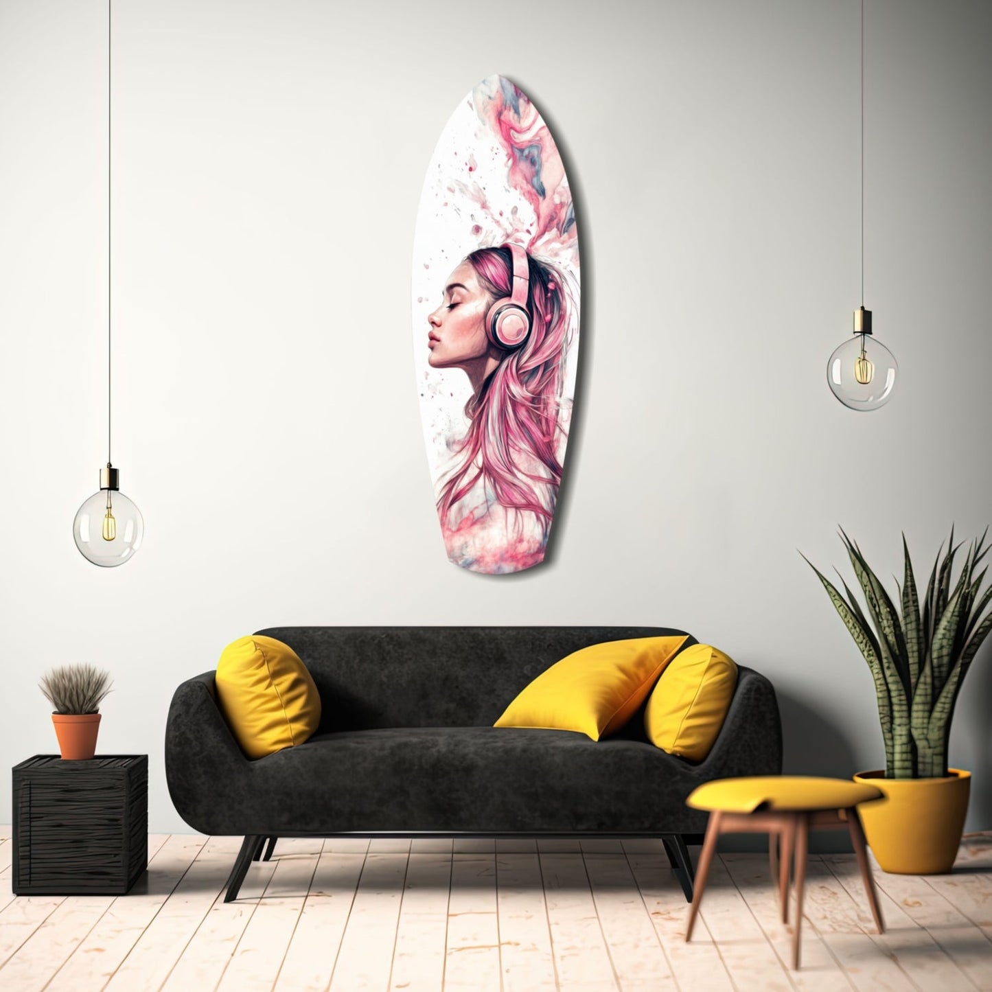Dreamwave Beats glass wall art featuring pink-haired woman with headphones displayed above black sofa with yellow pillows.