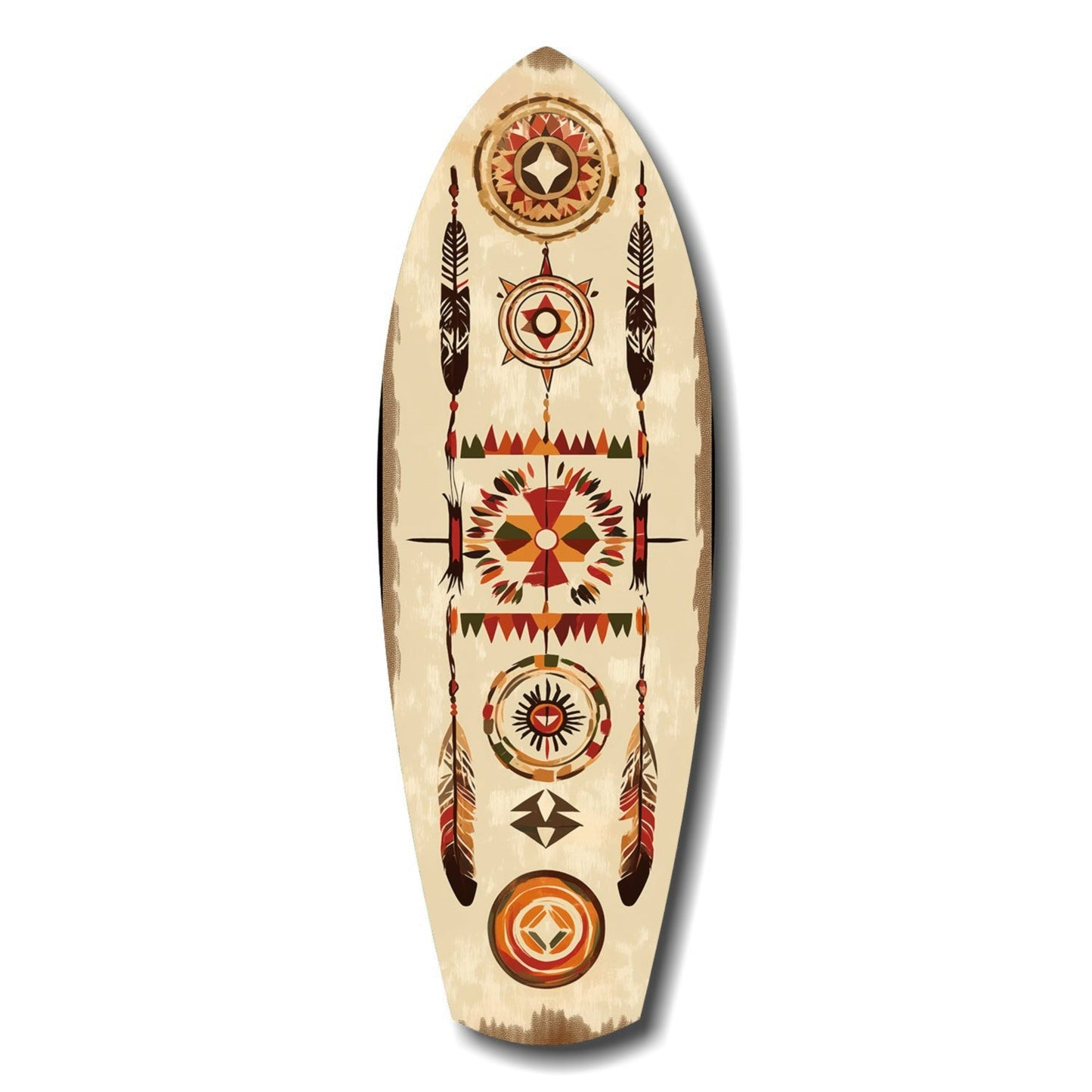 Wooden surfboard-shaped wall art with Native American-inspired geometric patterns in red, brown, orange, and cream featuring circular medallions and feather motifs.